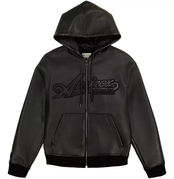 Men's Avirex Black Nappa Leather Hoodie - Front