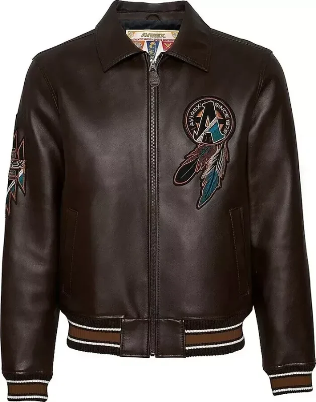 Men's Avirex Brown Leather Bomber American Jacket Buffalo Legends Leather Jacket - Front
