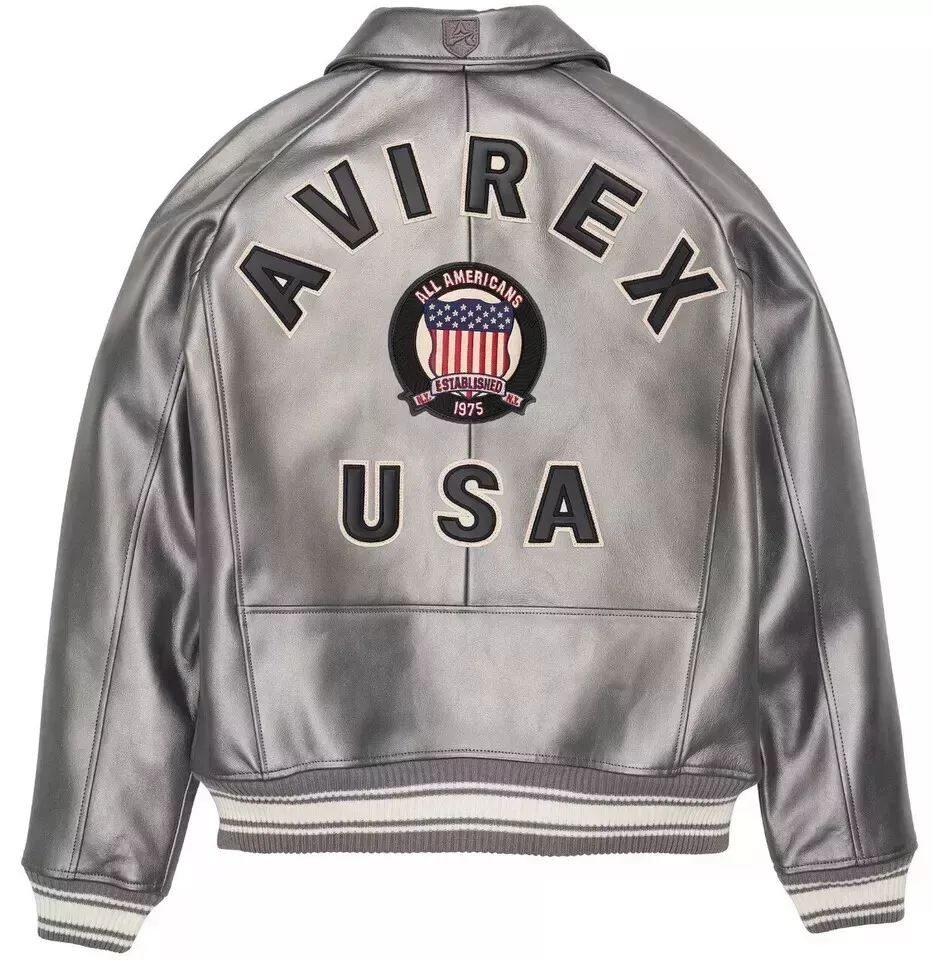 Men's Avirex Icon Bomber Silver Leather Jacket. Men's Avirex Icon Bomber Silver Leather Jacket - Back