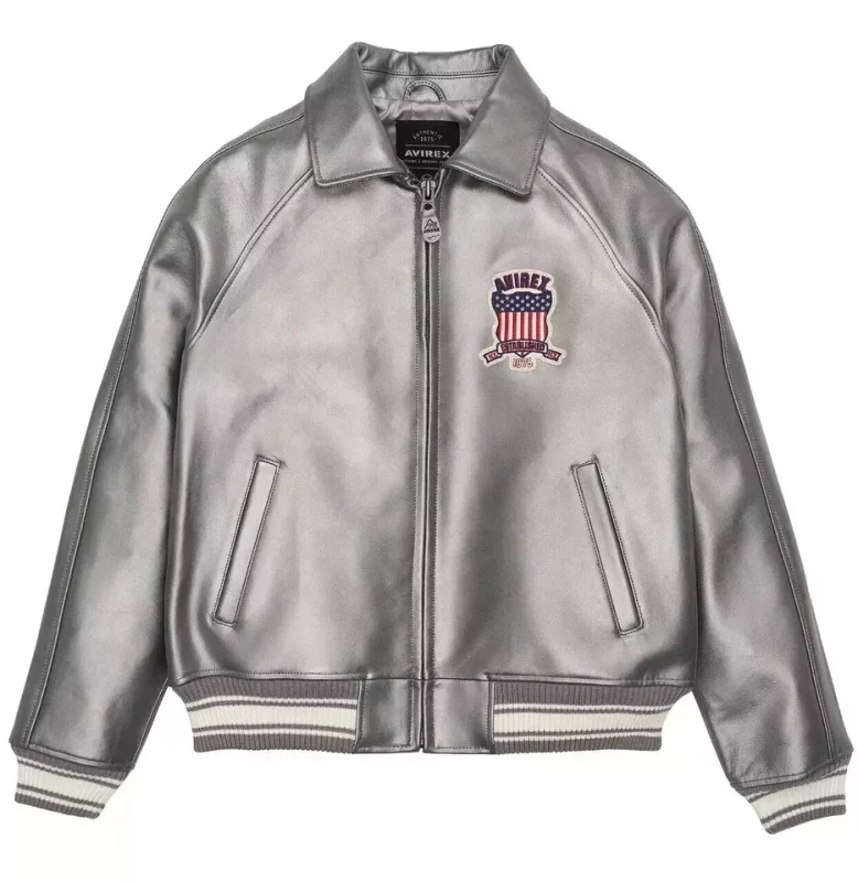 Men's Avirex Icon Bomber Silver Leather Jacket - Front