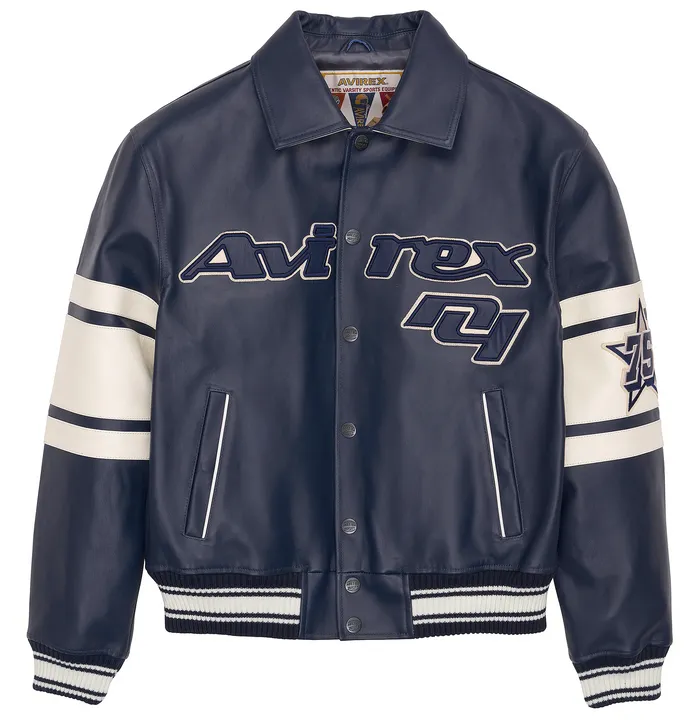 Men's Avirex Limited Edition Bronx Varisty Blue Leather Jacket. Men's Avirex Limited Edition Bronx Varisty Blue Leather Jacket - Front
