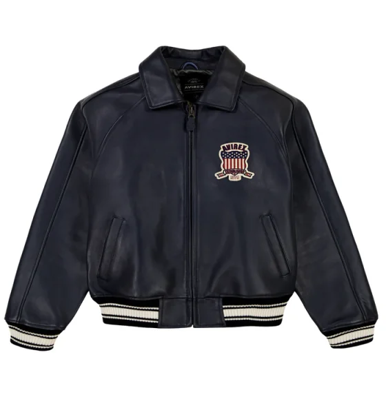Men's Avirex Navy Blue Icon Bomber Leather Jacket - Front