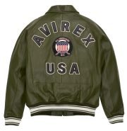 Men's Avirex Olive Green Icon Bomber Leather Jacket - Back