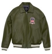Men's Avirex Olive Green Icon Bomber Leather Jacket - Front