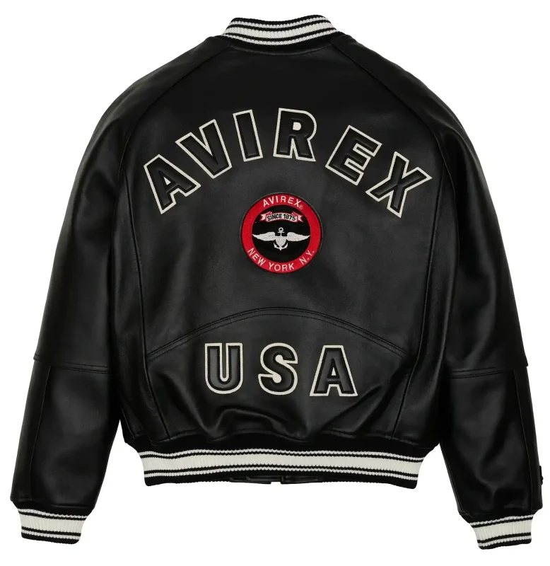 Mens Avirex Stadium Black Leather Jacket - Back