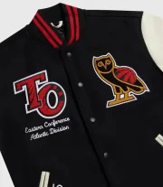 OVO X Toronto Raptors Black / Cream Wool & Leather Varsity Jacket - Image 3
