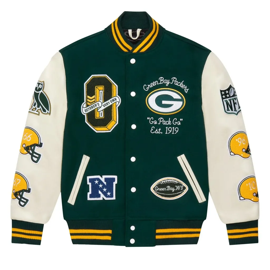 OVO-x-NFL-Green-Bay-Packers-Gree OVO x NFL Green Bay Packers Green Full-Snap Varsity Jacket - Image 1