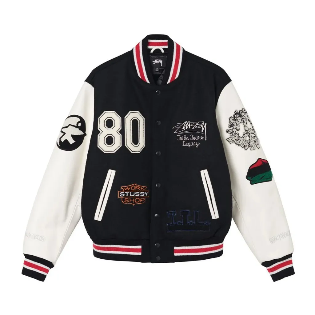 Stussy-x-Denim-Tears-X-Our-Legac Stussy x Denim Tears X Our Legacy TTL Black & Off White Varsity Jacket - Image 1