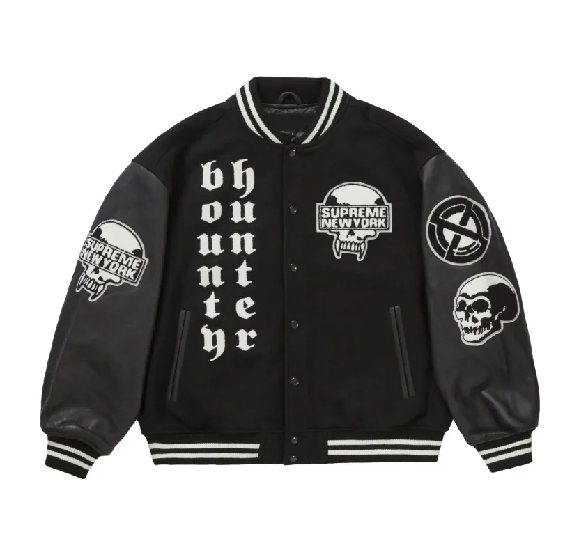 Supreme Bounty Hunter Black Wool & Leather Varsity Jacket - Front