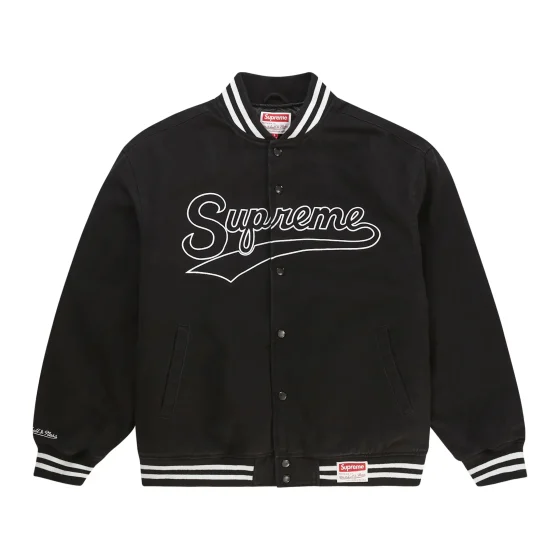 Supreme X Mitchell & Ness Doughboy Twill Black Varsity Jacket - Front