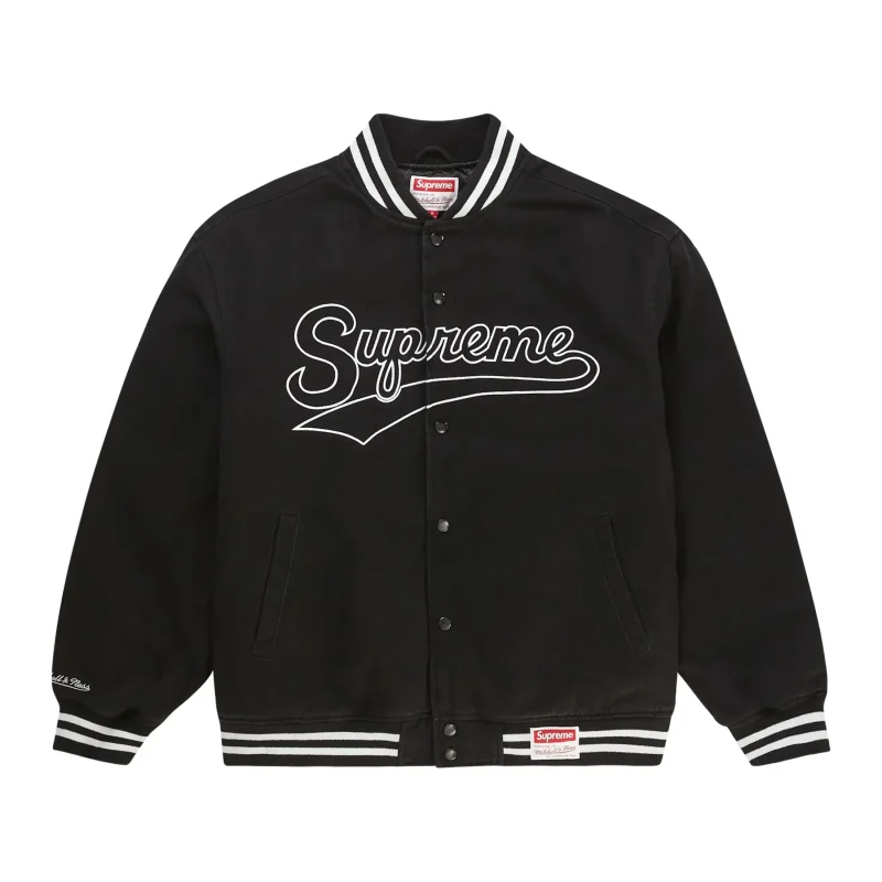 Supreme X Mitchell & Ness Doughboy Twill Black Varsity Jacket - Front