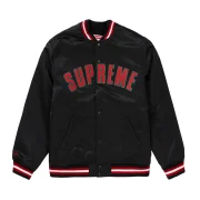 Supreme X Mitchell & Ness Satin Black Varsity Jacket - Front