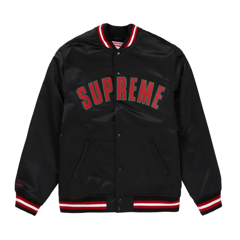Supreme X Mitchell & Ness Satin Black Varsity Jacket - Front