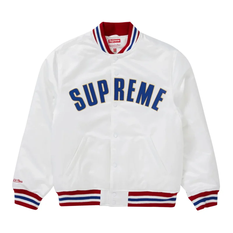 Supreme X Mitchell & Ness White Satin Varsity Jacket - Front