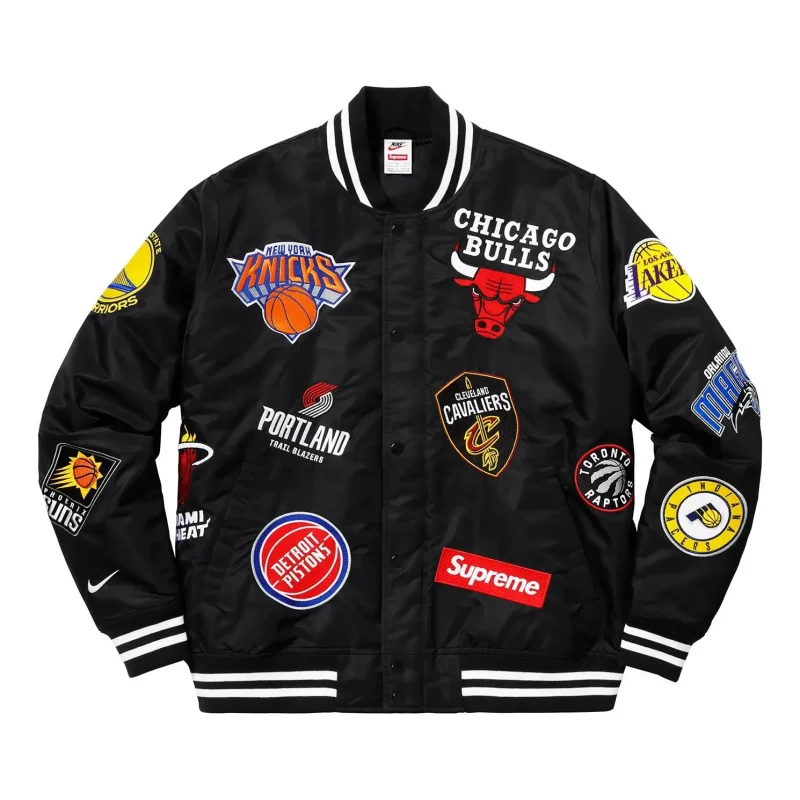 Supreme X Nike NBA Teams Warm-Up Black Varsity Jacket - Front