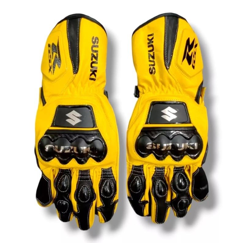Suzuki GSXR Motorcycle Racing Leather Gloves - Genuine Leather Protection