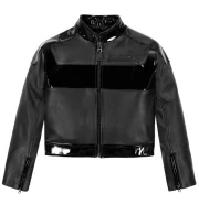 Women's Avirex Black Patent Cropped Leather Biker Jacket - Front