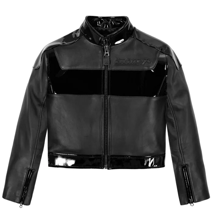 Women's Avirex Black Patent Cropped Leather Biker Jacket - Front