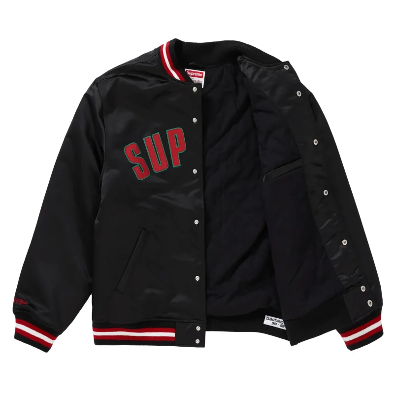Supreme X Mitchell & Ness Satin Black Varsity Jacket -