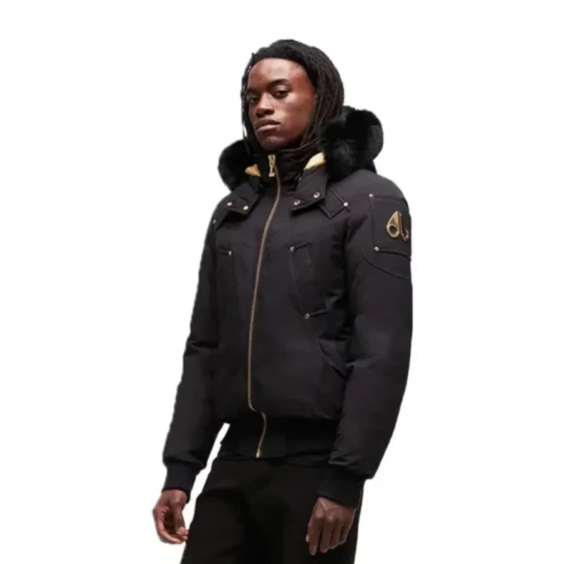 Black windproof hooded jacket with fur-lined hood and front zip